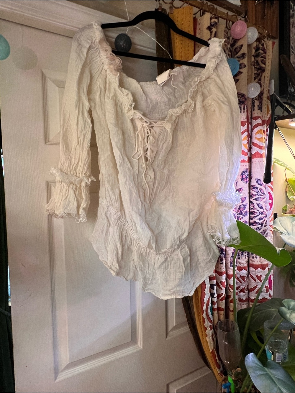 Linen Bohemian Lace-Up White Peasant Top